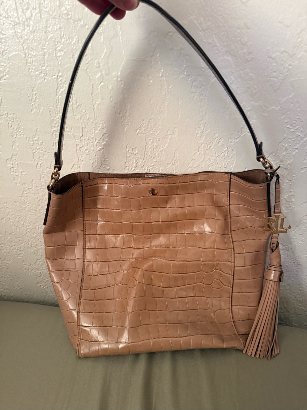 Lauren Ralph Lauren Croc-Embossed Bucket Bag – Tan/Camel - Picture 3 of 16